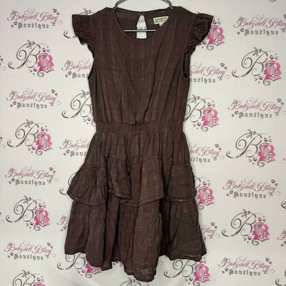 Rowie dress ruffle frill brown linen style lightweight keyhole button opening
